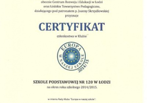 certyfikat Europa w Naszej Szkole 2015